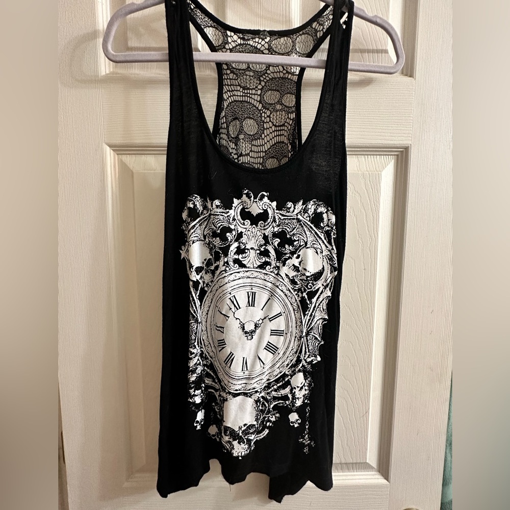 Thrifted, skull & clock racerback tank